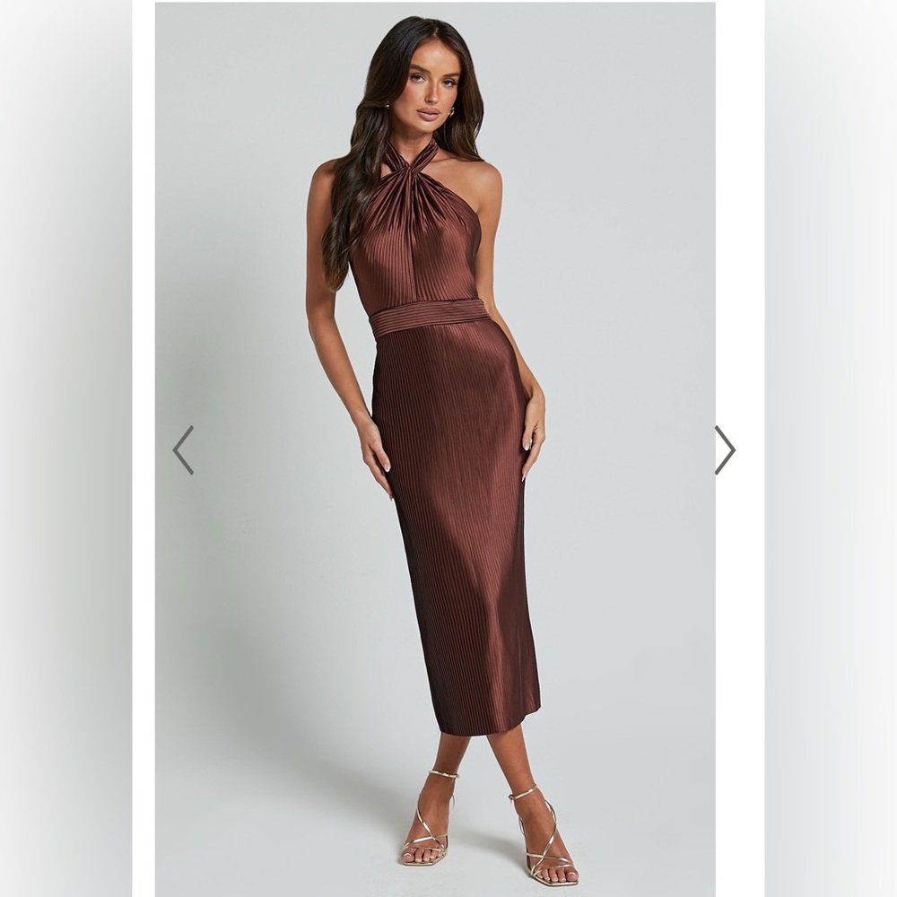 NWT MARLETTE MIDI DRESS - PLEATED OPEN BACK HALTER DRESS IN CHOCOLATE